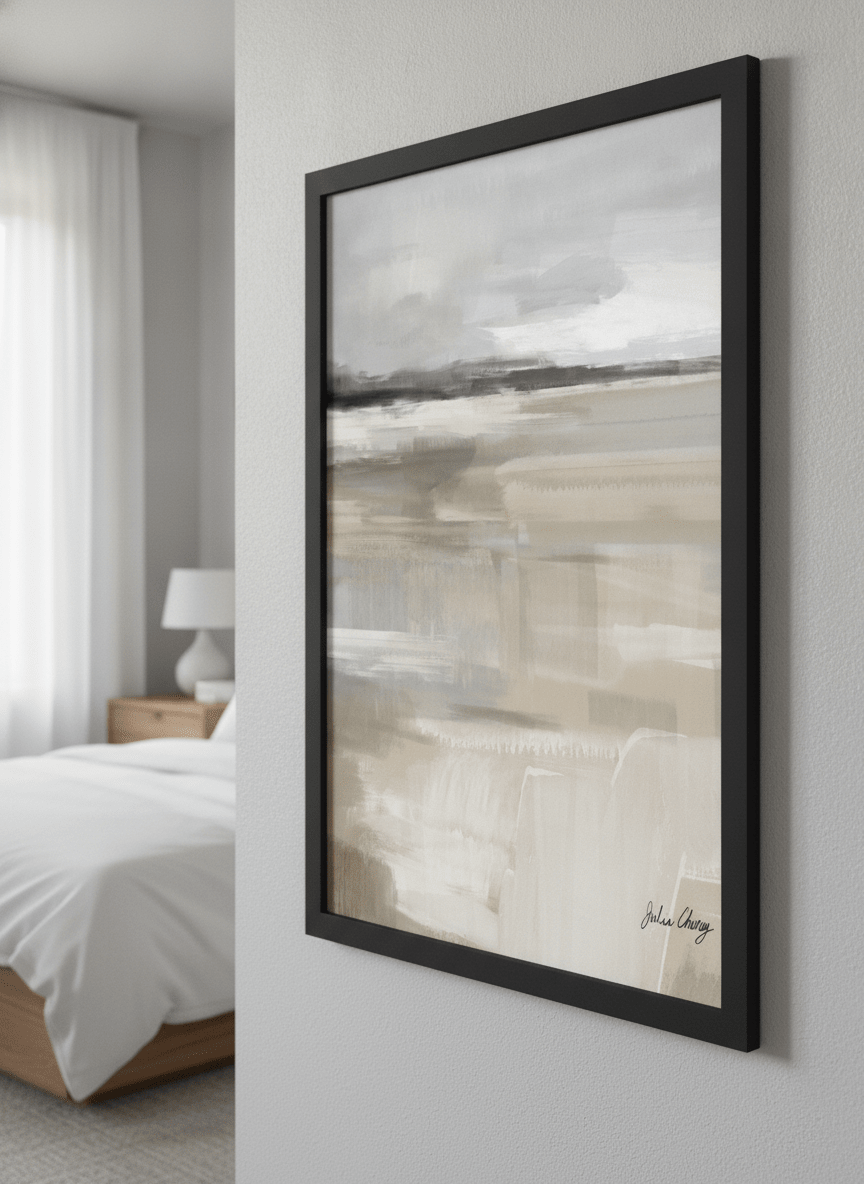 Minimalist artwork displayed in a calm, light-filled bedroom interior