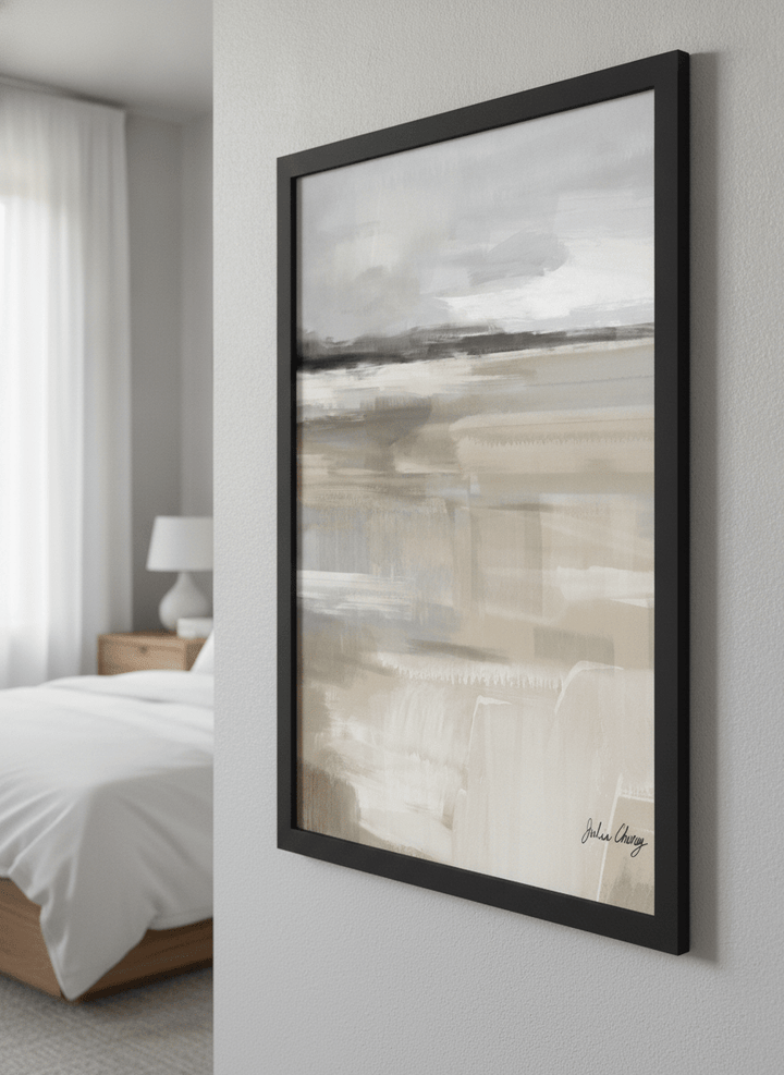 Minimalist artwork displayed in a calm, light-filled bedroom interior