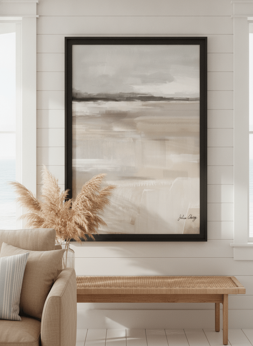 Neutral wall art displayed in a sunny coastal beach house