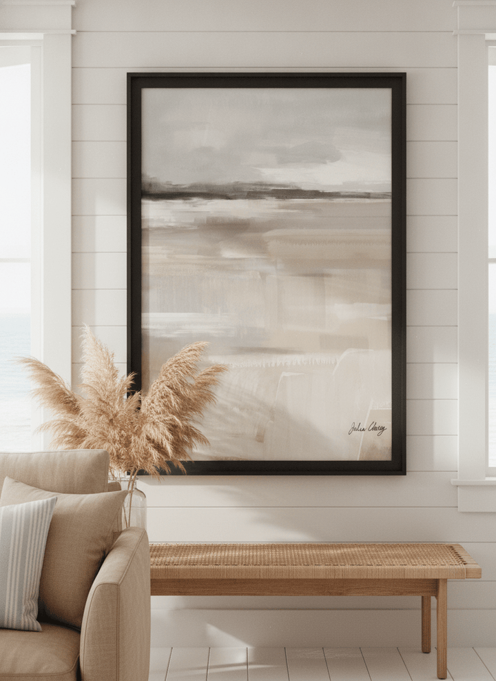 Neutral wall art displayed in a sunny coastal beach house