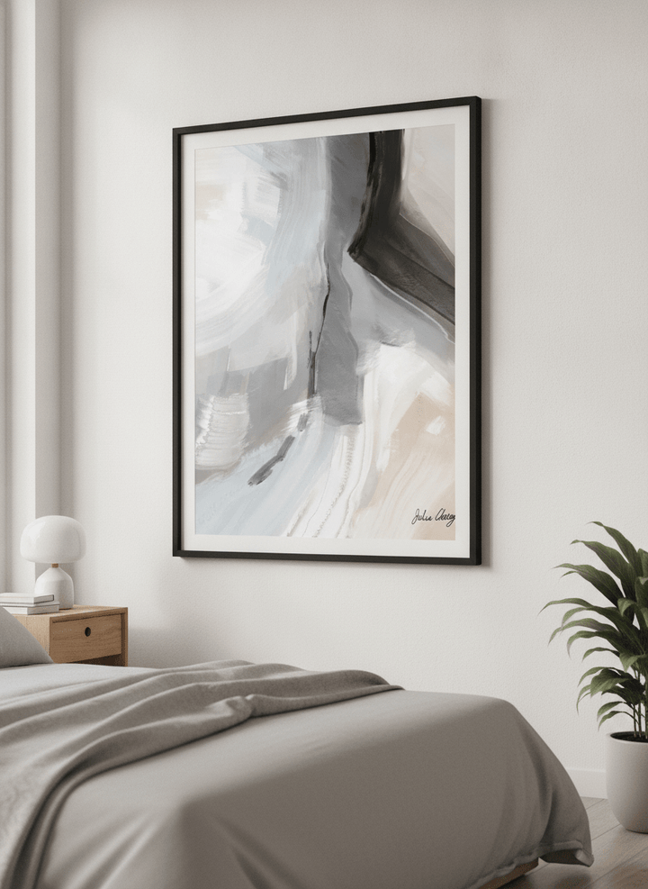 Minimalist artwork displayed in a calm, light-filled bedroom interior