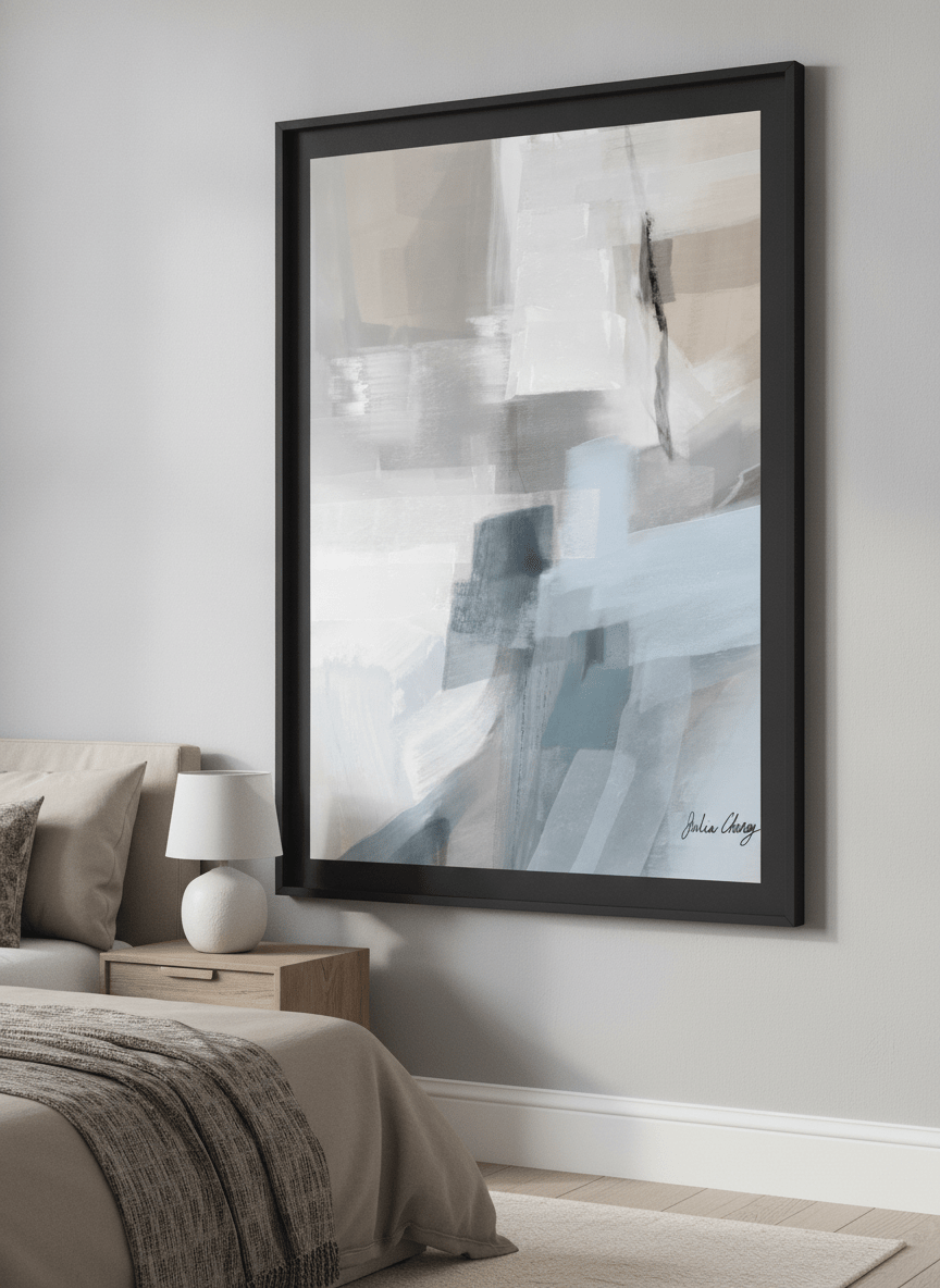 Minimalist artwork displayed in a calm, light-filled bedroom interior