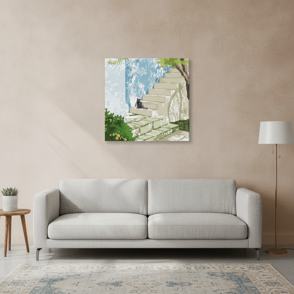 Stretched canvas wall art styled in a neutral living room