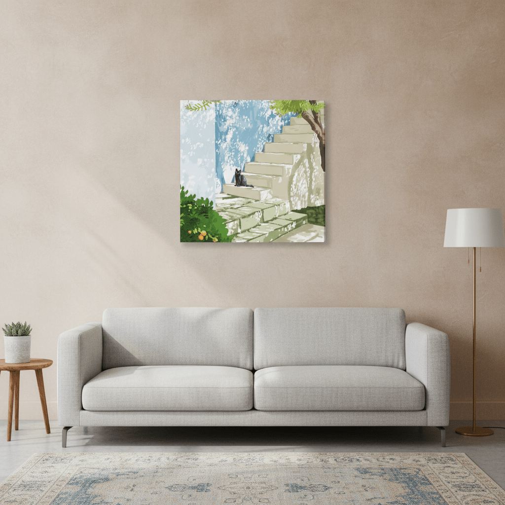 Stretched canvas wall art styled in a neutral living room