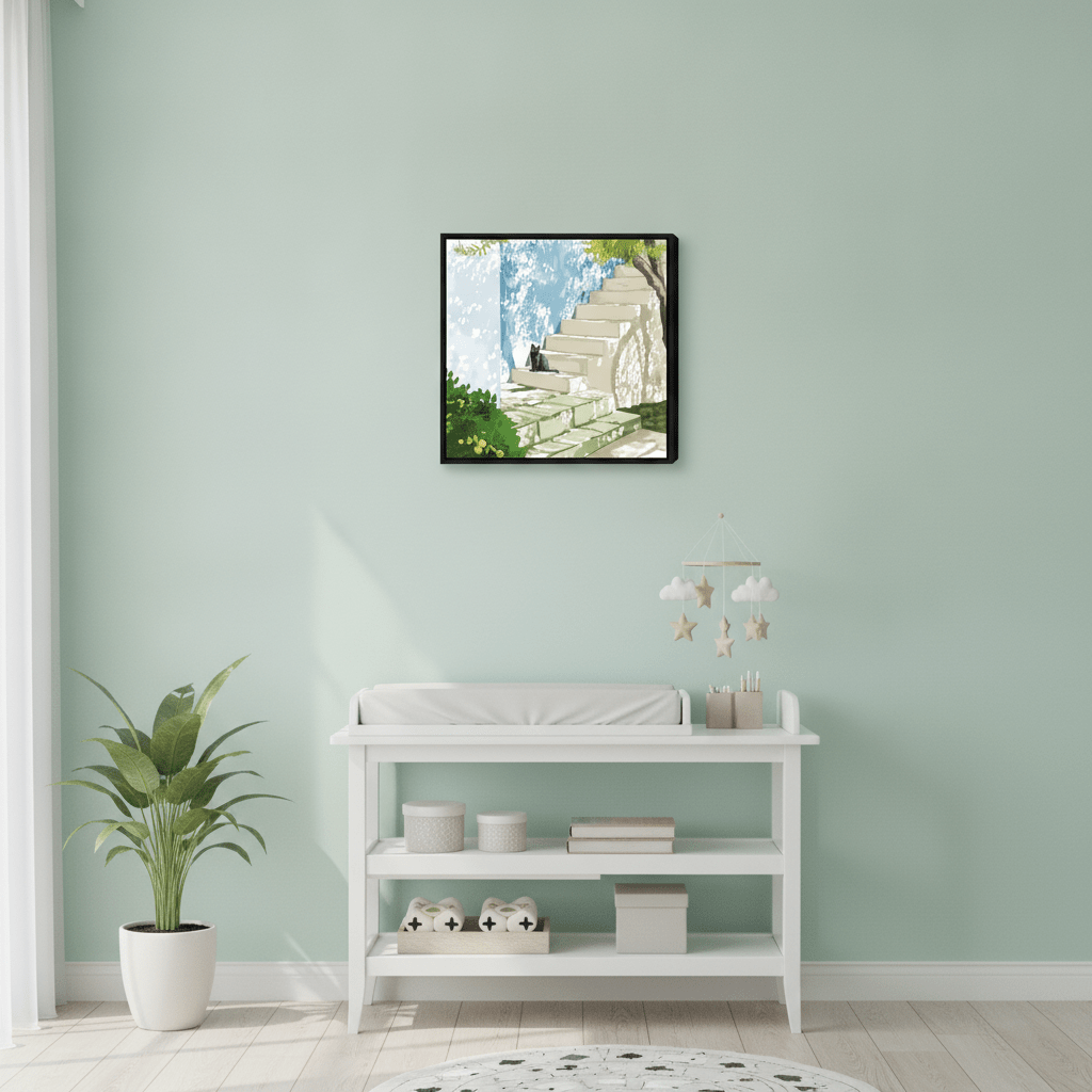 Canvas wall art with a black surround styled in a serene nursery