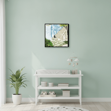 Canvas wall art with a black surround styled in a serene nursery