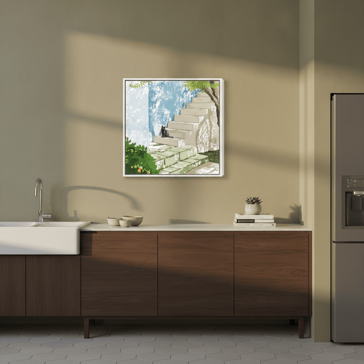 Canvas wall art with a white surround styled in a bright modern kitchen