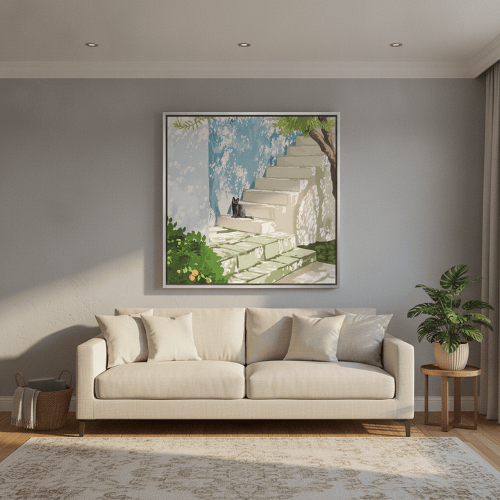 Oversized statement canvas wall art with a silver leaf surround styled in a neutral living room