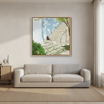 Oversized statement canvas wall art with a natural timber surround styled in a calm, light-filled bedroom