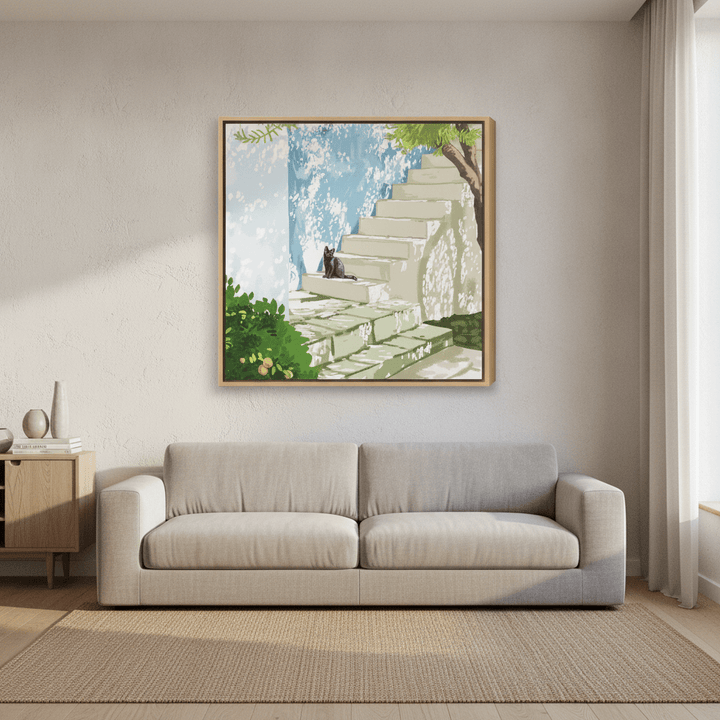 Oversized statement canvas wall art with a natural timber surround styled in a calm, light-filled bedroom