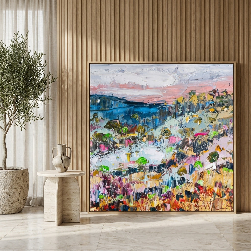 Oversized statement canvas wall art with a natural timber surround leaning against the wall in a luxe dining room