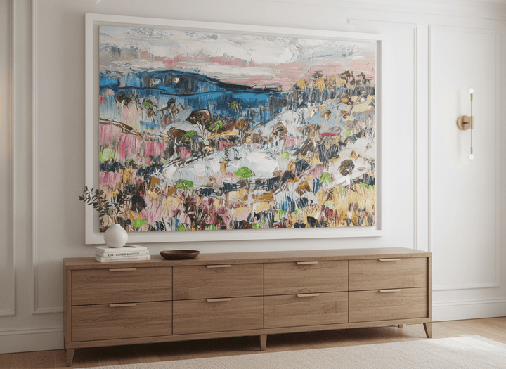 Monumental artwork centred on a feature wall in a luxe interior