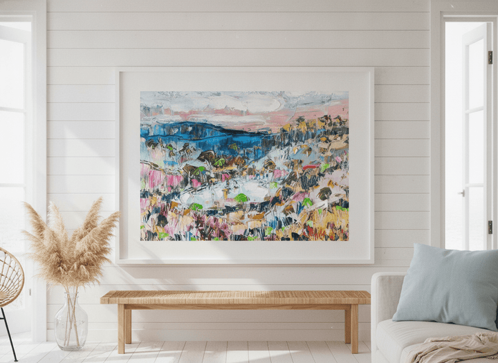 Neutral wall art displayed in a sunny coastal beach house