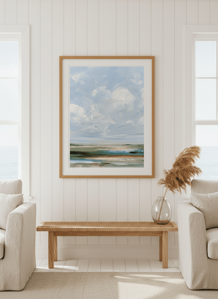 Neutral wall art displayed in a sunny coastal beach house