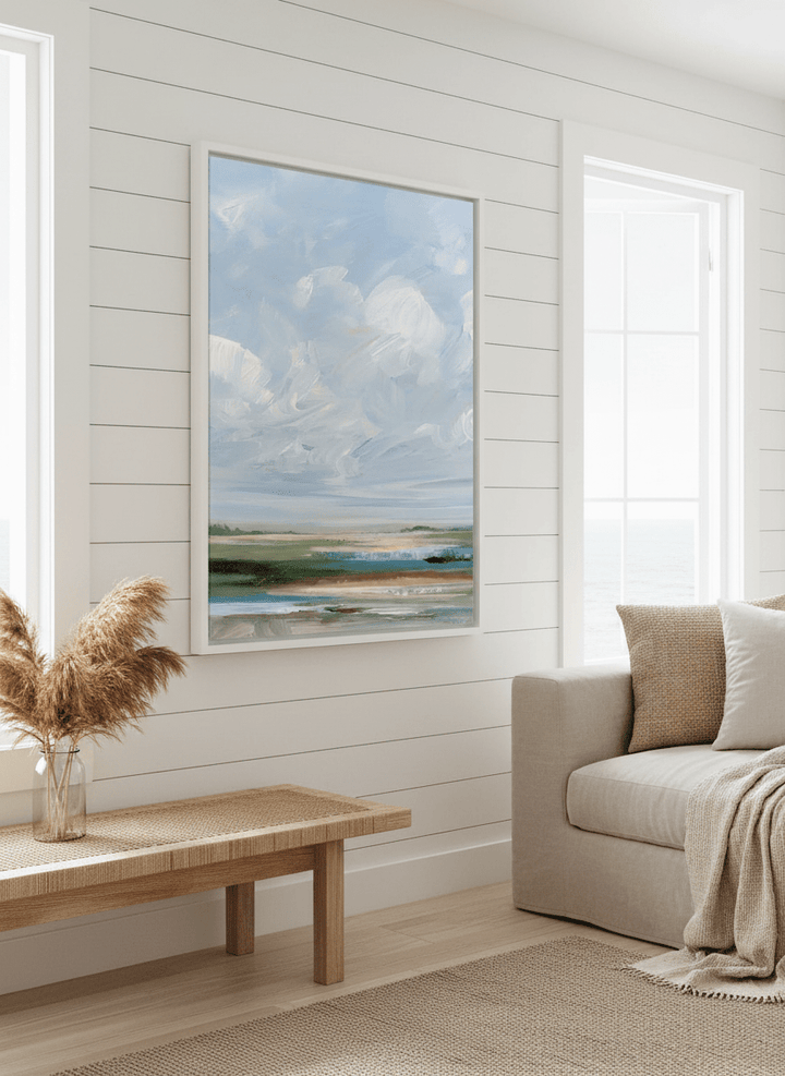 Neutral wall art displayed in a sunny coastal beach house