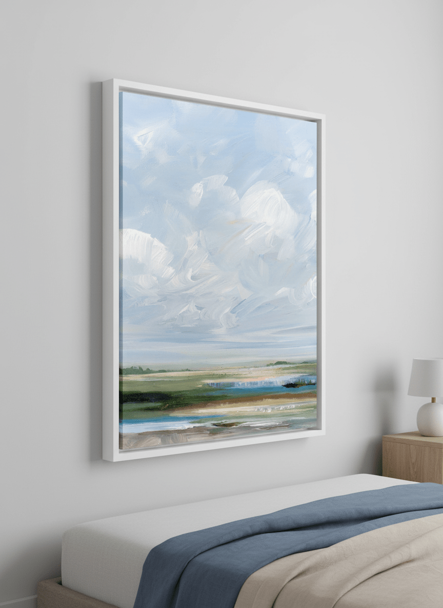 Minimalist artwork displayed in a calm, light-filled bedroom interior