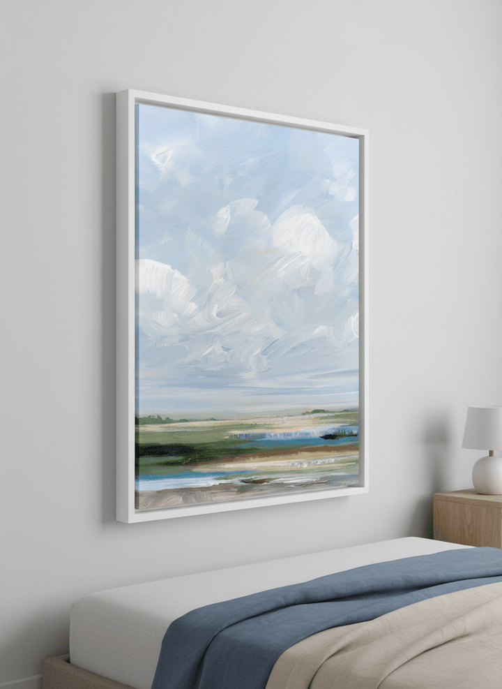 Minimalist artwork displayed in a calm, light-filled bedroom interior