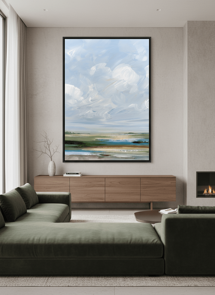 Monumental artwork centred on a feature wall in a luxe interior