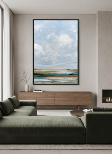 Monumental artwork centred on a feature wall in a luxe interior