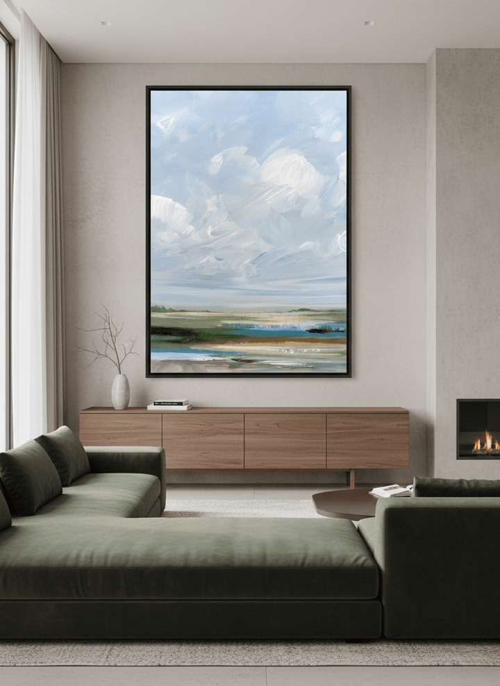 Monumental artwork centred on a feature wall in a luxe interior