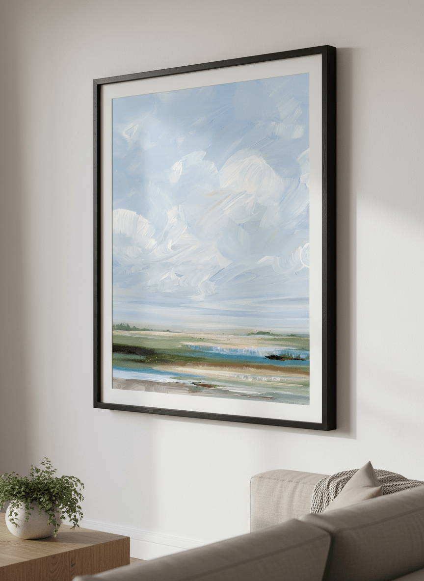 Modern wall art styled above a sofa in a neutral living room