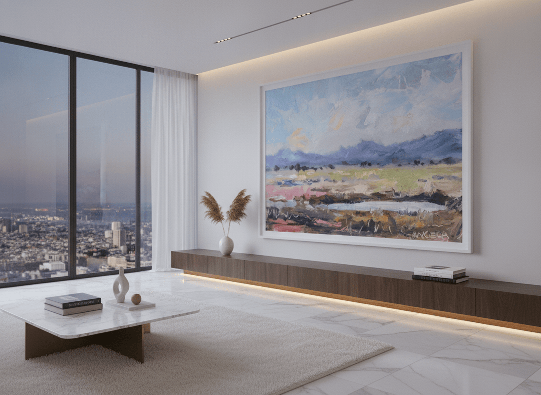 Monumental artwork centred on a feature wall in a luxe interior