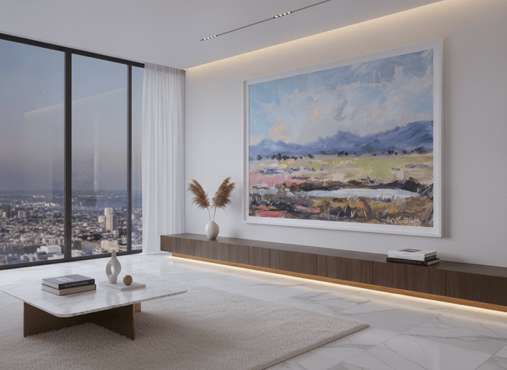 Monumental artwork centred on a feature wall in a luxe interior
