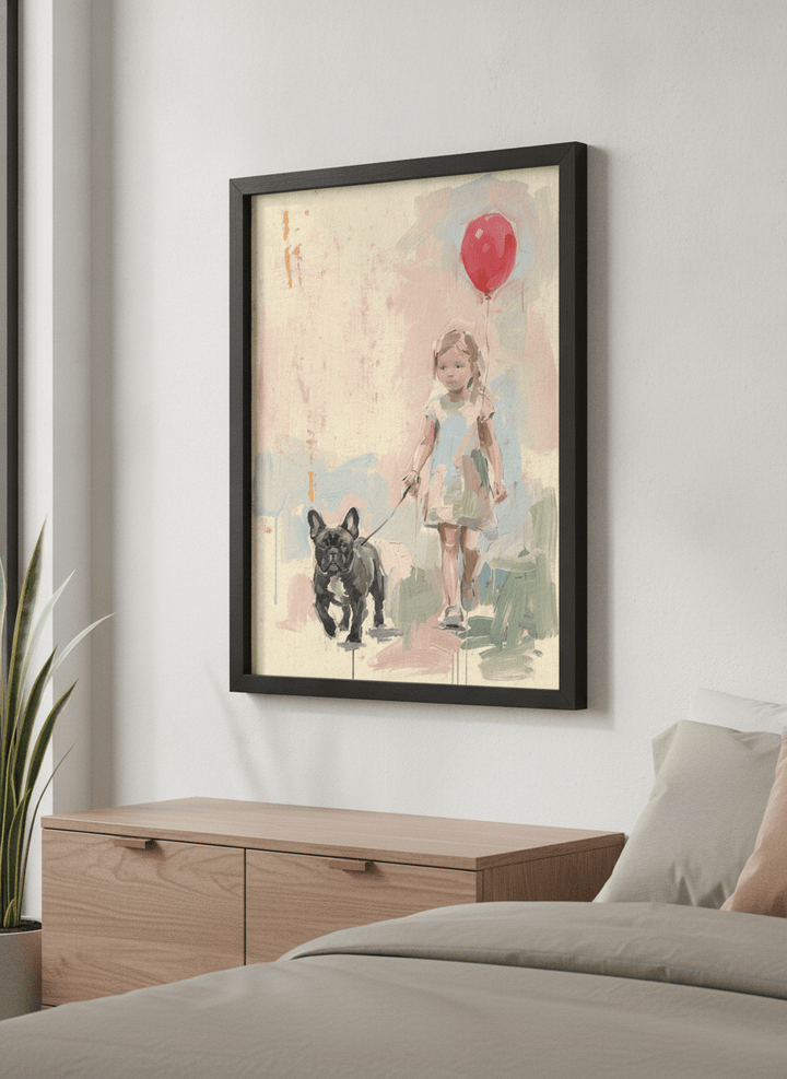 Minimalist artwork displayed in a calm, light-filled bedroom interior