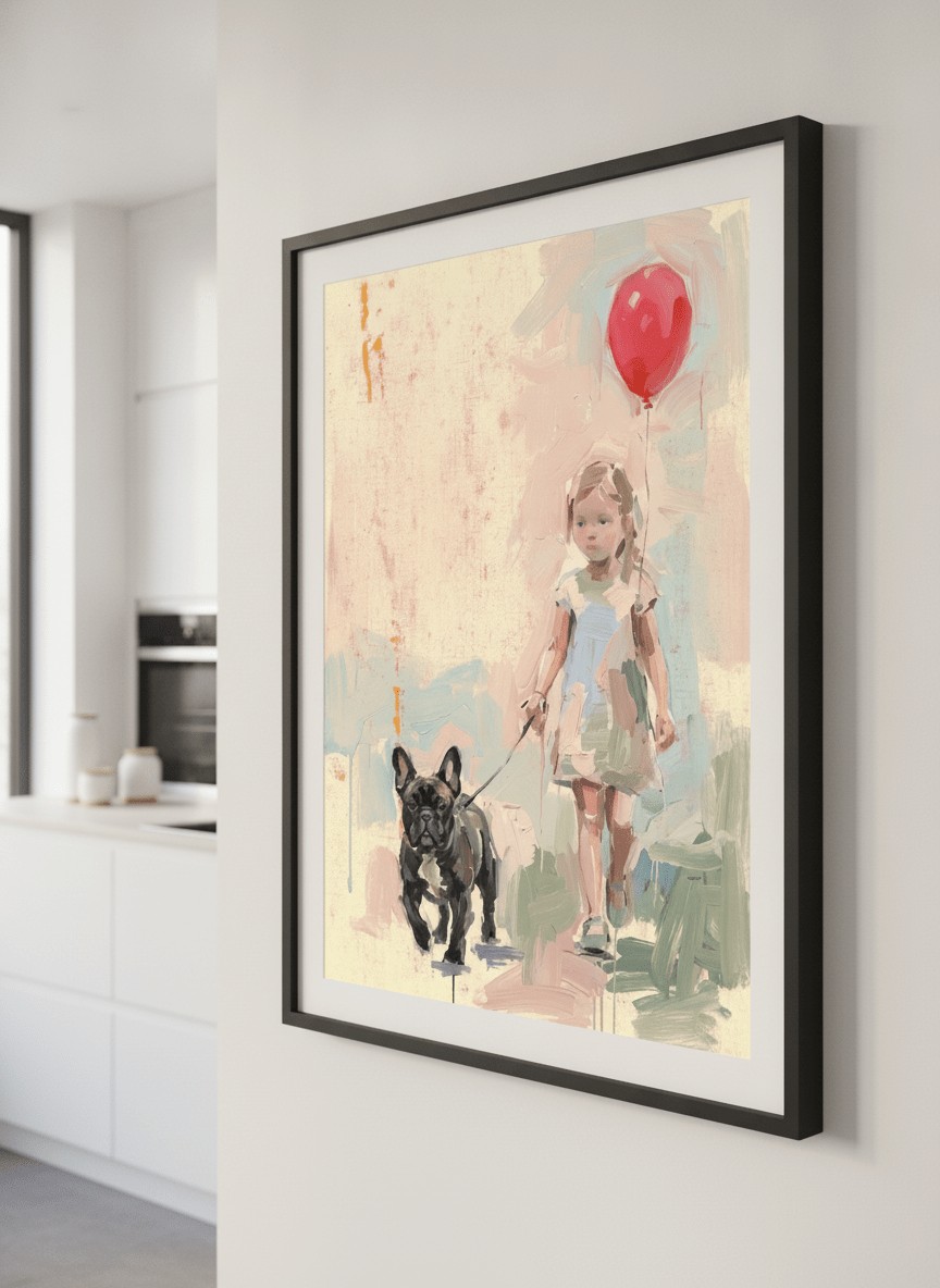 Artwork styled on the wall of a bright modern kitchen