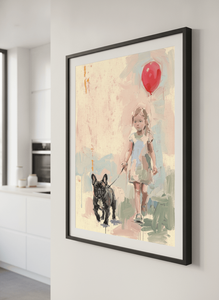 Artwork styled on the wall of a bright modern kitchen