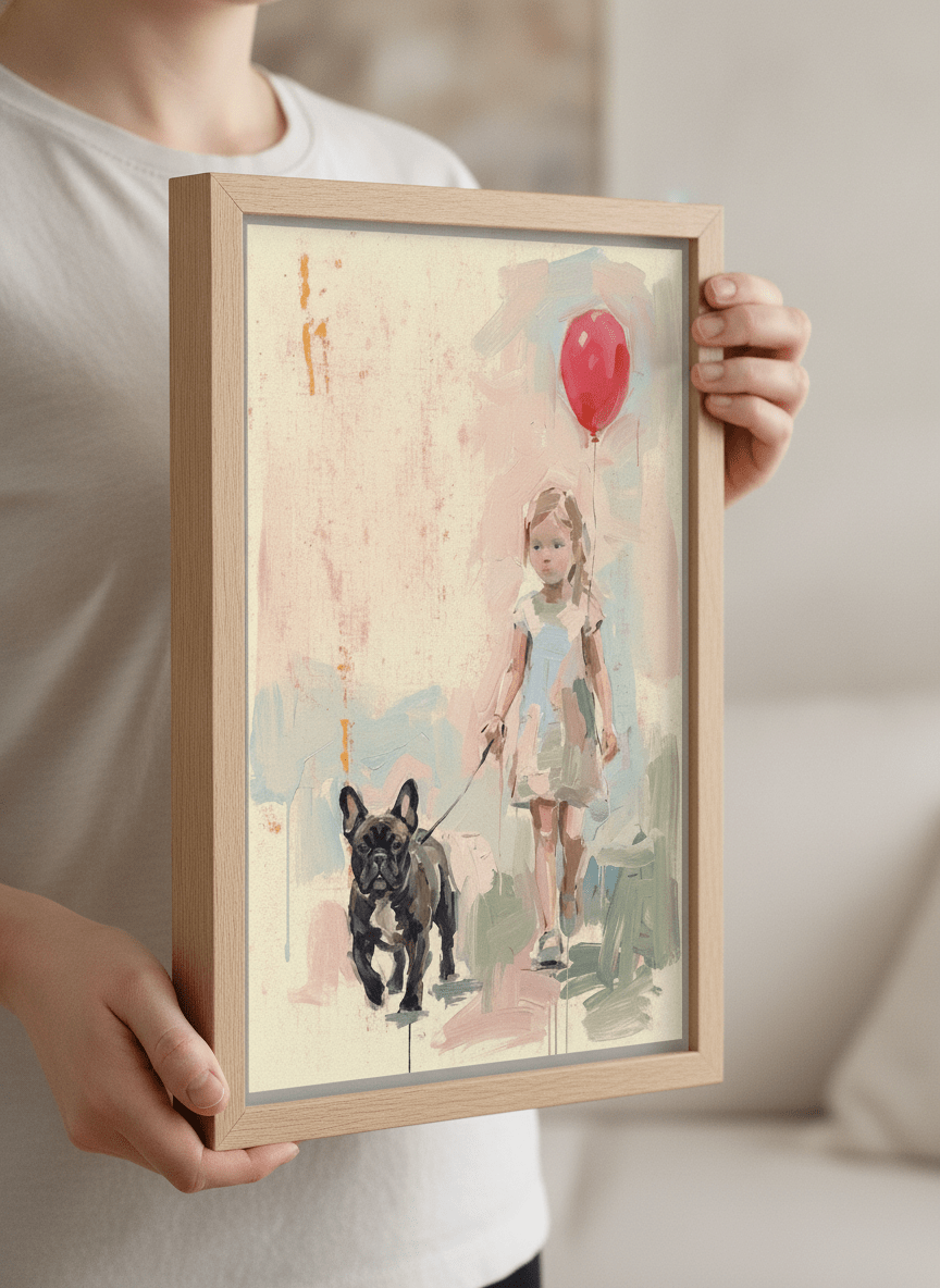 Person showcasing the artwork against a clean modern interior wall