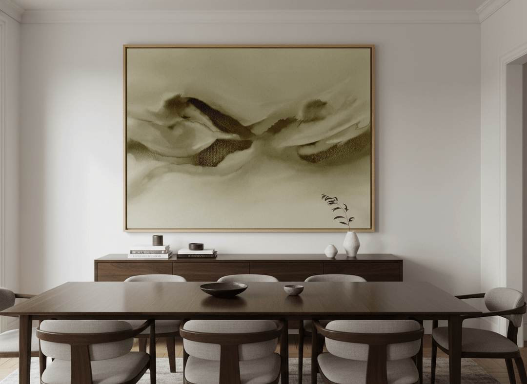 Monumental artwork centred on a feature wall in a luxe interior