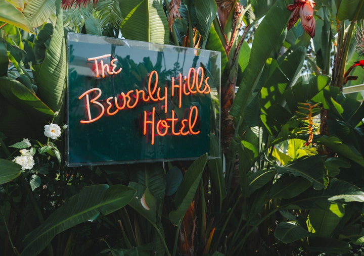 Neon sign of The Beverly Hills Hotel surrounded by tropical plants, framed
