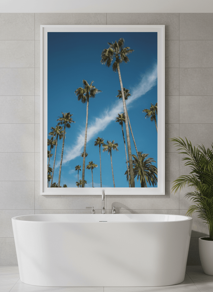 Modern print displayed in a clean minimalist bathroom setting