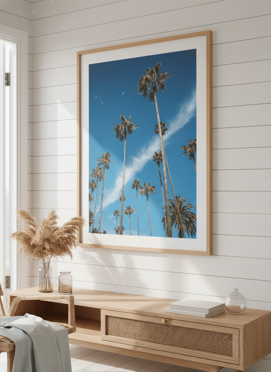 Neutral wall art displayed in a sunny coastal beach house