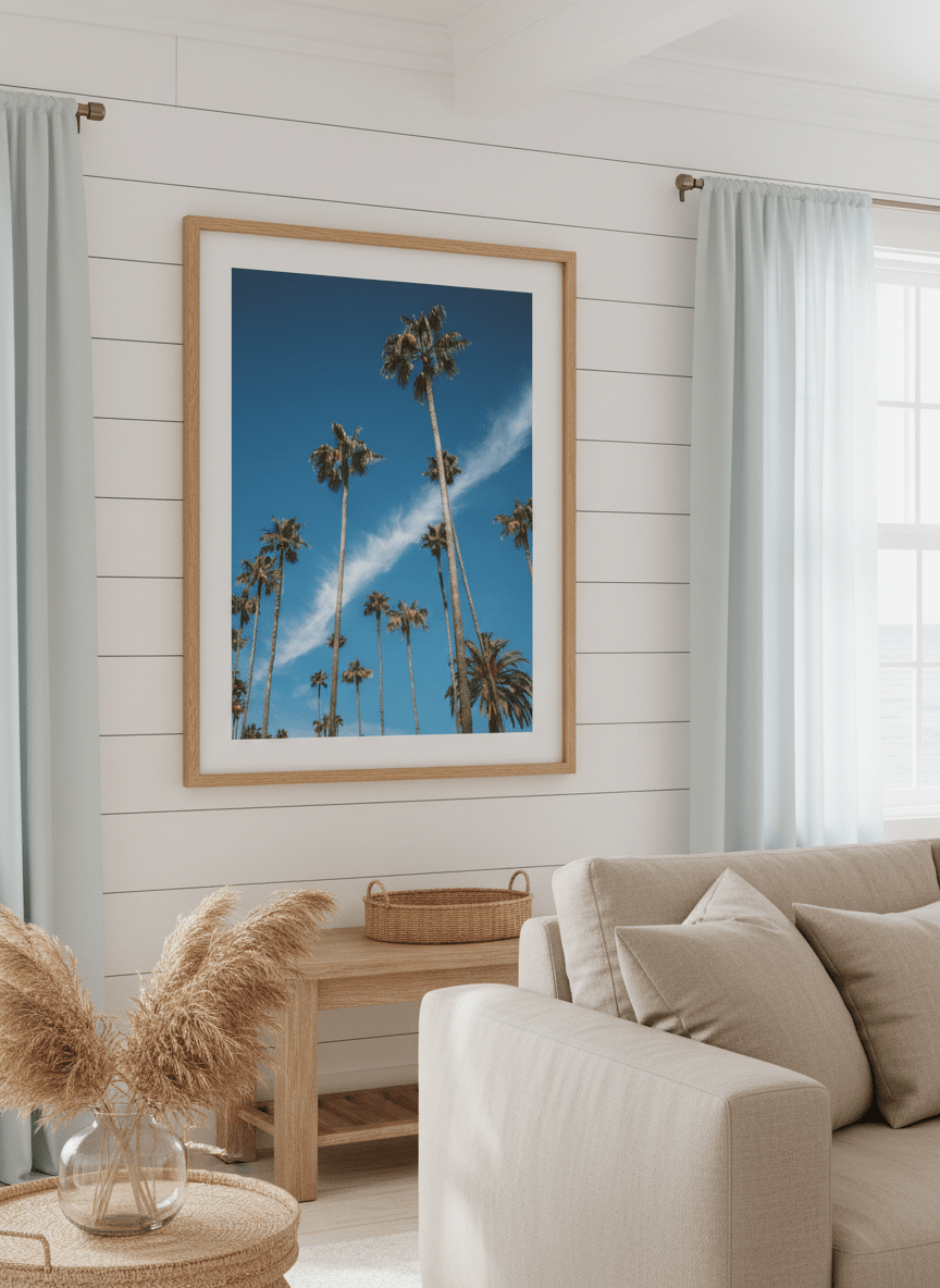 Neutral wall art displayed in a sunny coastal beach house