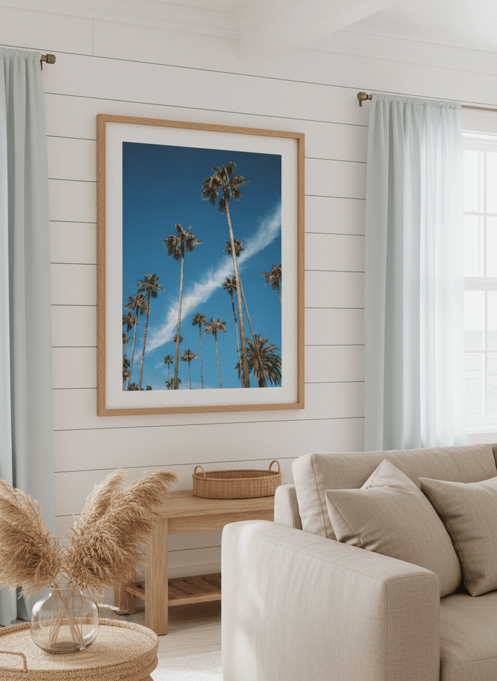 Neutral wall art displayed in a sunny coastal beach house