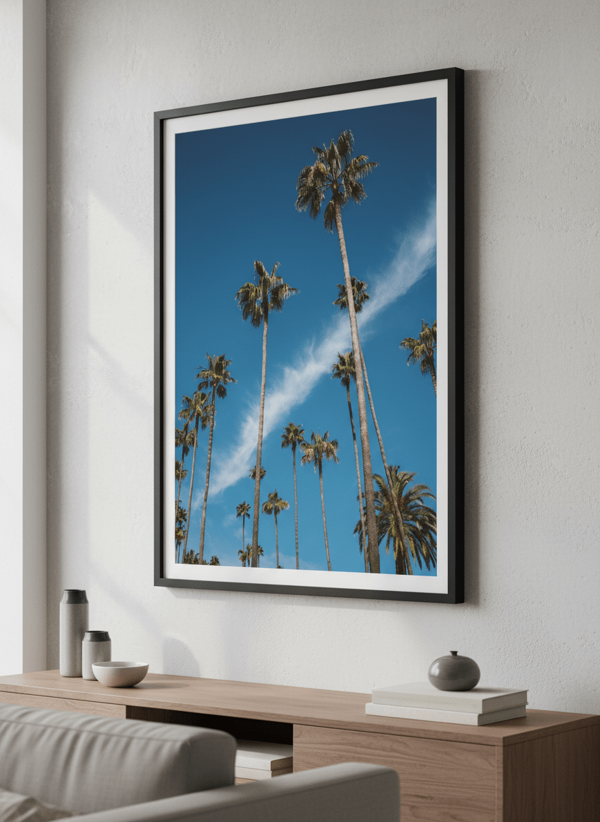 Modern wall art styled above a sofa in a neutral living room