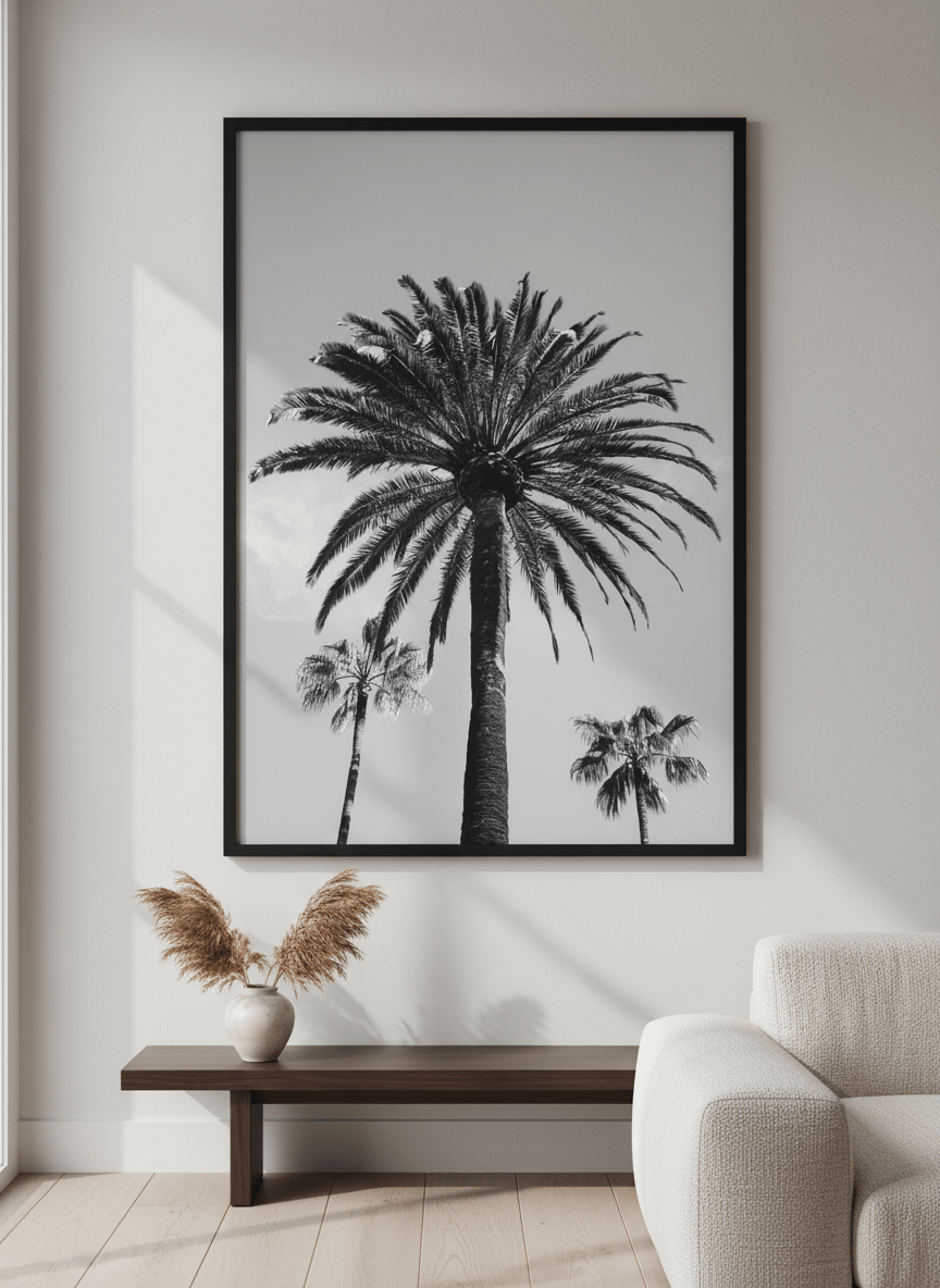 Modern wall art styled above a sofa in a neutral living room