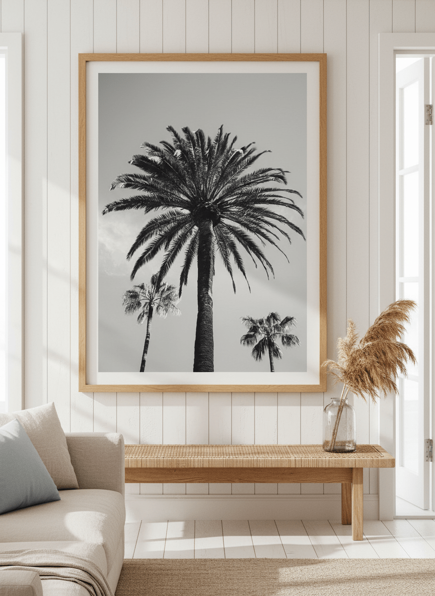 Neutral wall art displayed in a sunny coastal beach house