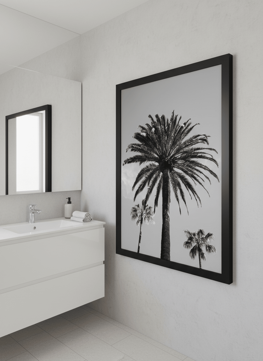 Modern print displayed in a clean minimalist bathroom setting