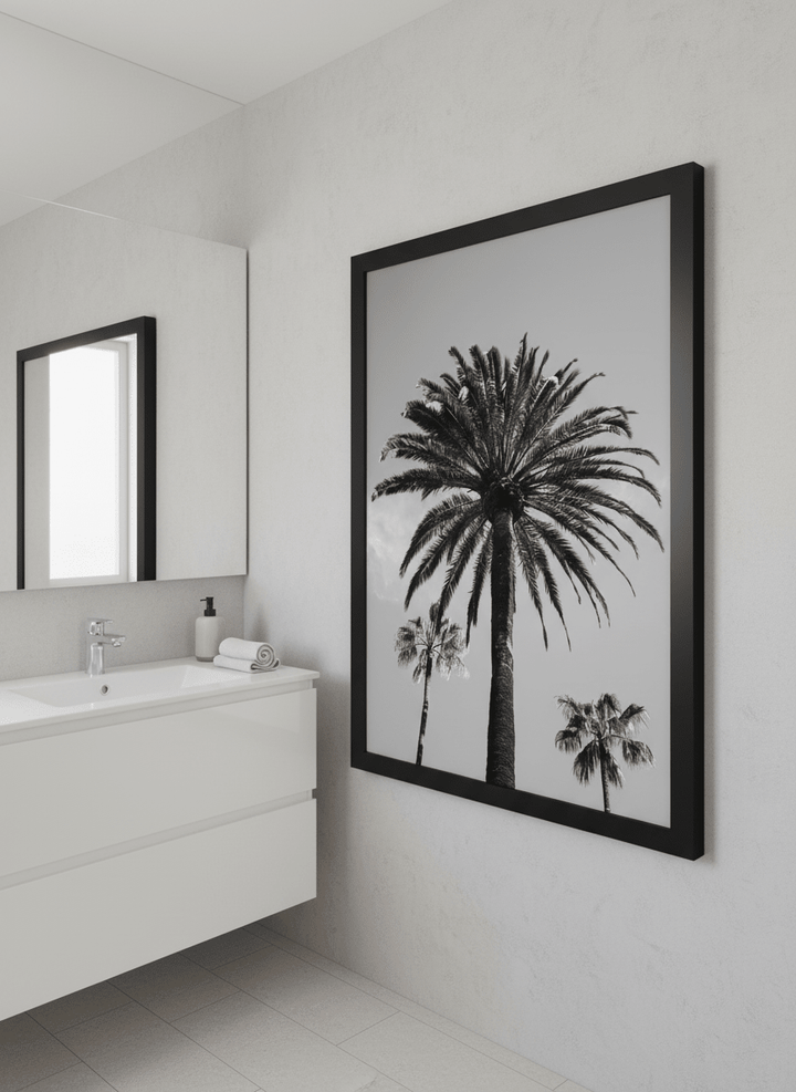Modern print displayed in a clean minimalist bathroom setting