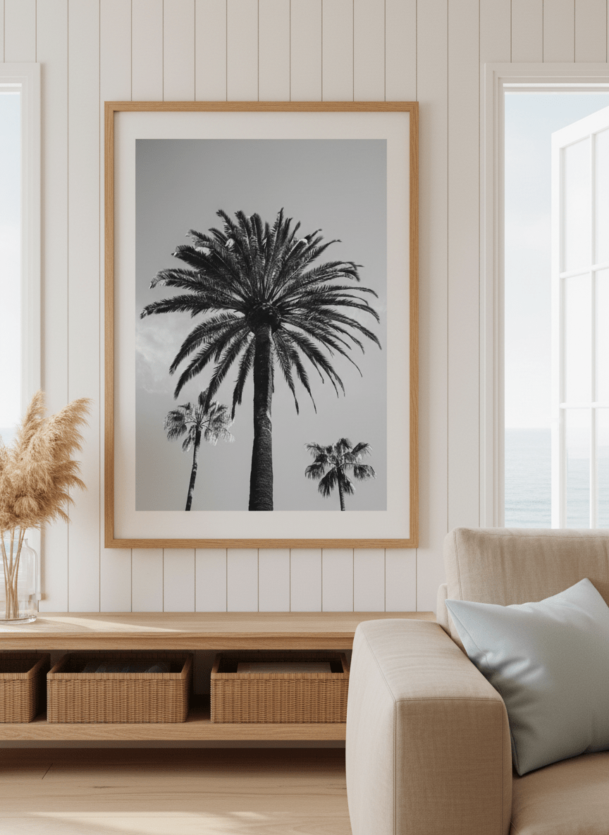 Neutral wall art displayed in a sunny coastal beach house