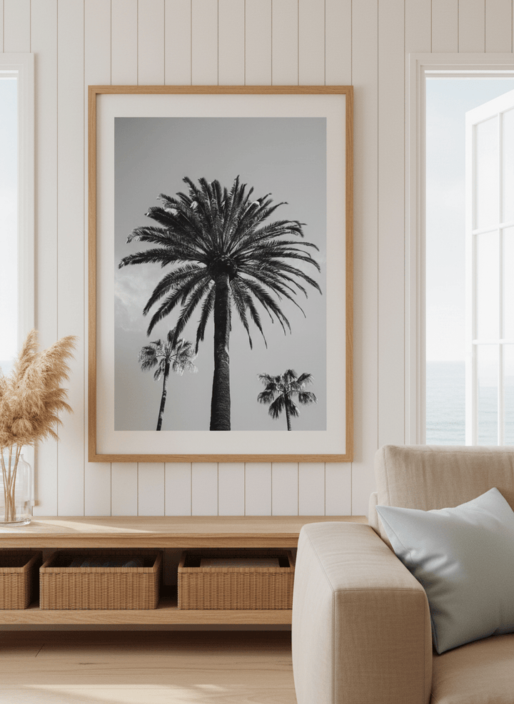 Neutral wall art displayed in a sunny coastal beach house