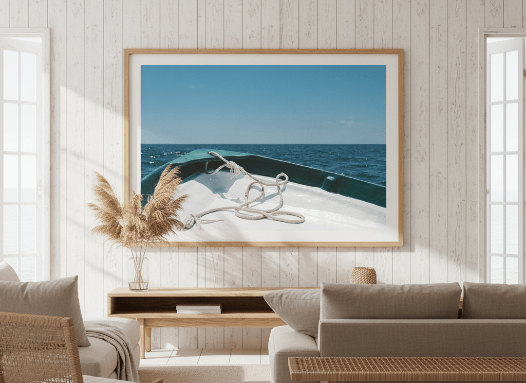 Neutral wall art displayed in a sunny coastal beach house