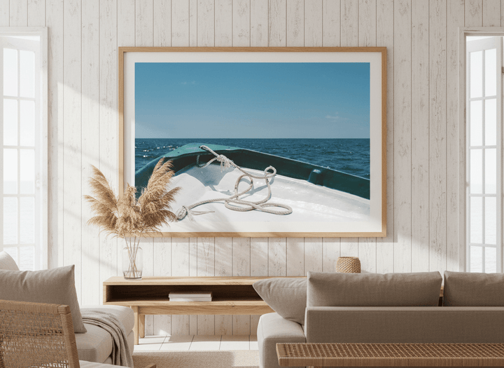 Neutral wall art displayed in a sunny coastal beach house