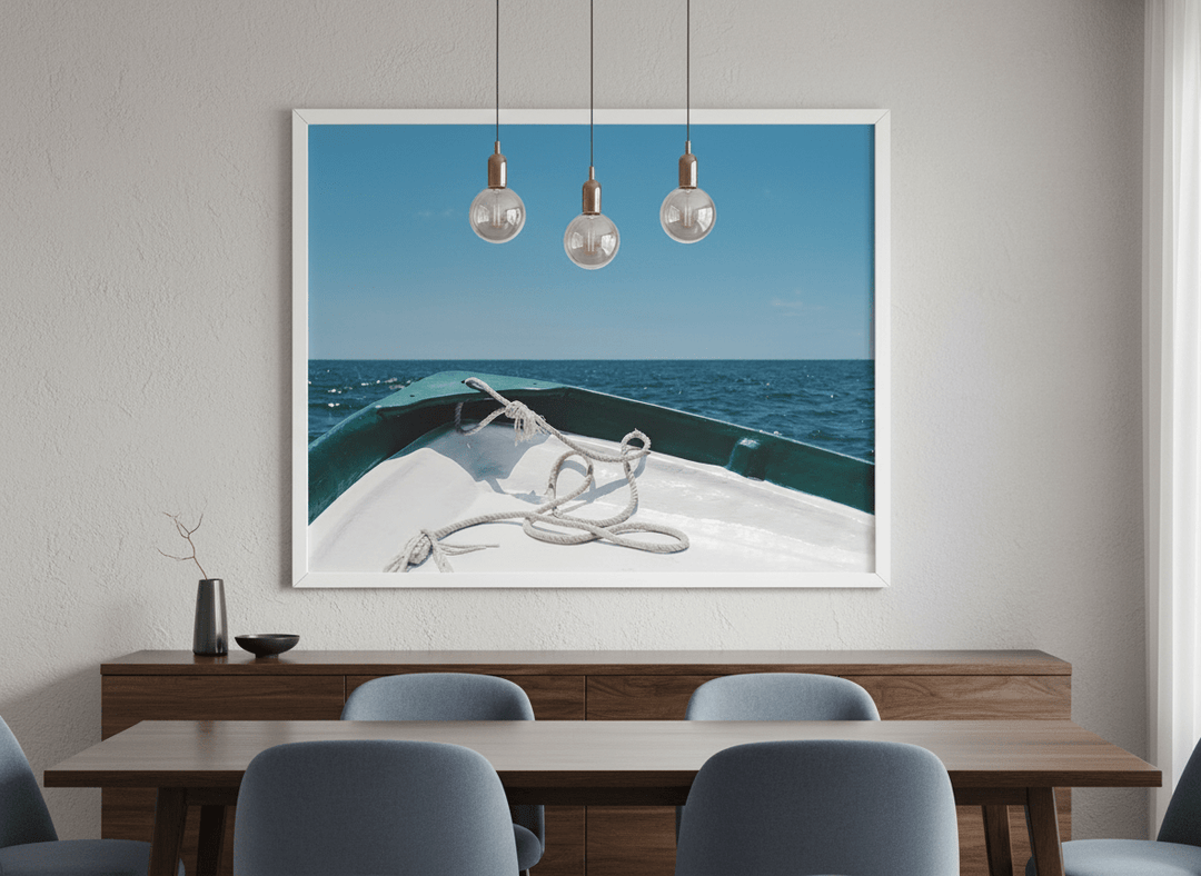 Wall art styled above a dining table in a contemporary home