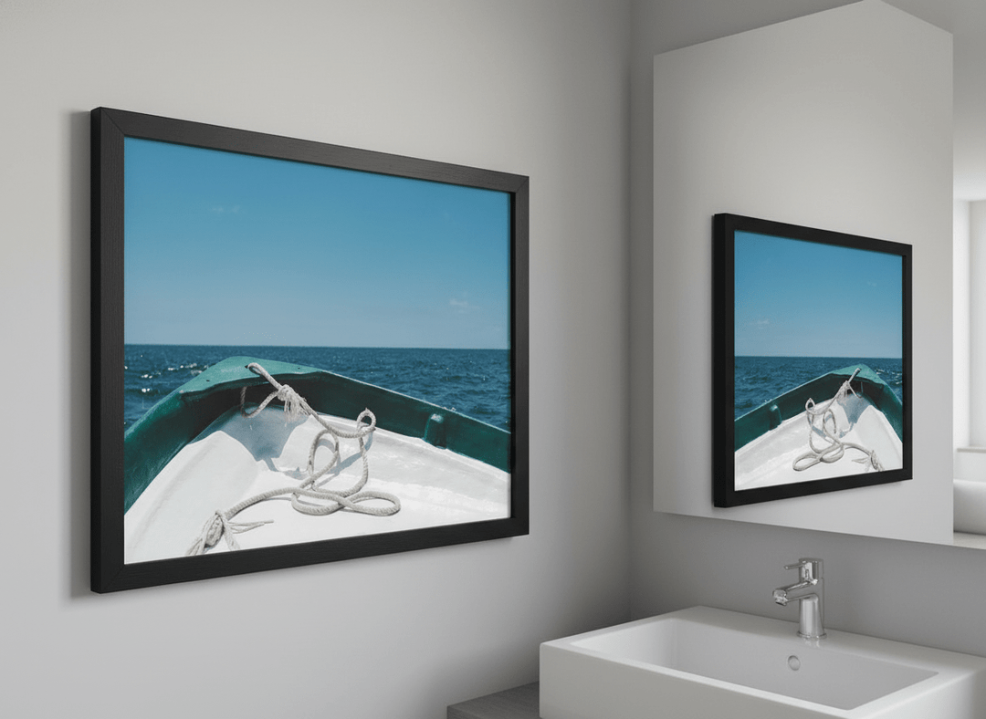 Modern print displayed in a clean minimalist bathroom setting