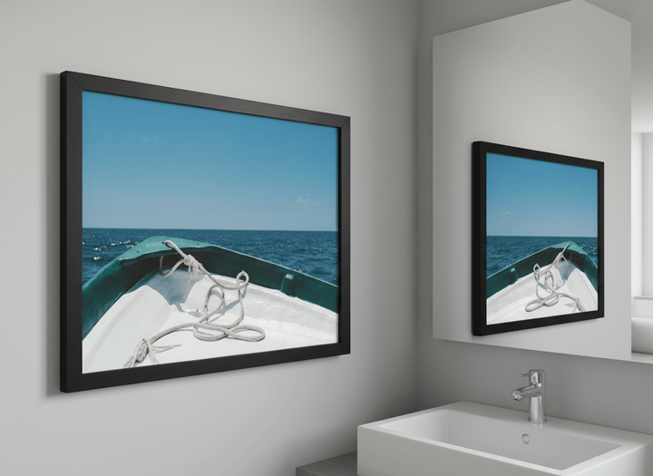 Modern print displayed in a clean minimalist bathroom setting
