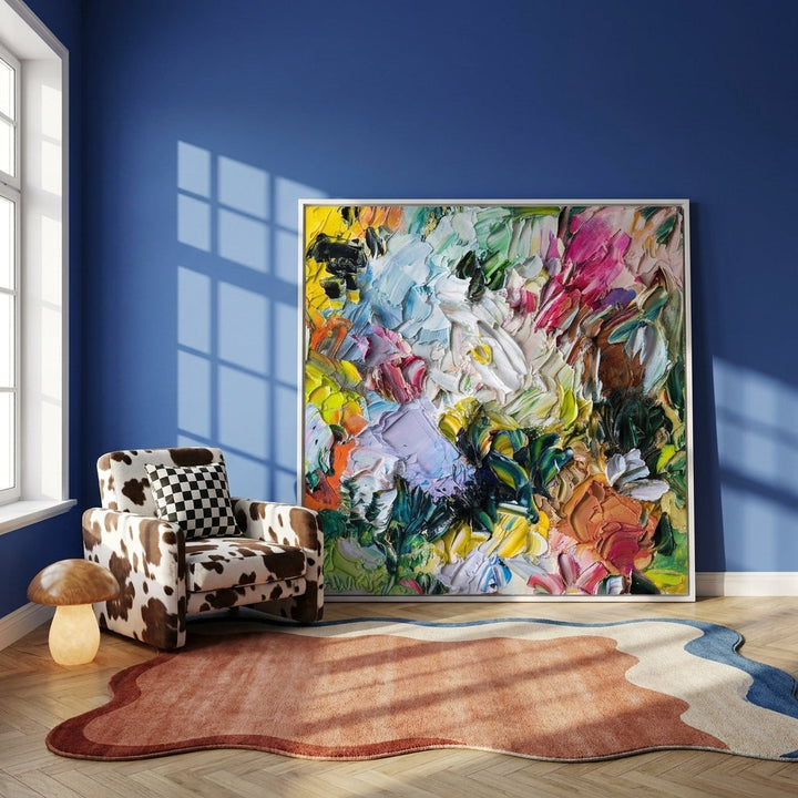 Oversized statement canvas wall art with a white surround leaning against the wall in a colourful eclectic dining room